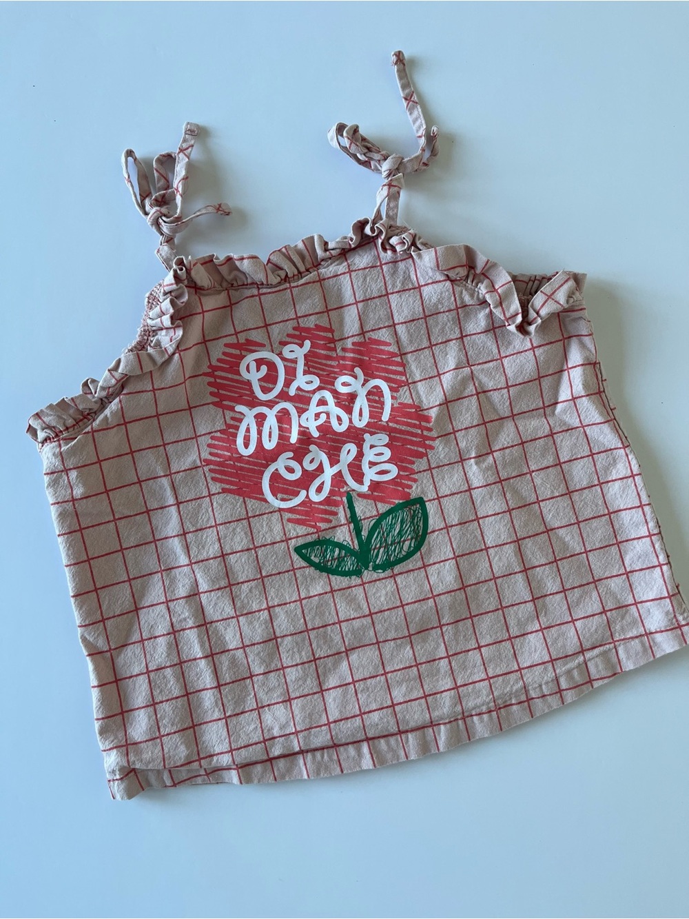 DIMANCHE Girls Pink Grid Ruffle Tank Top with Floral Graphic